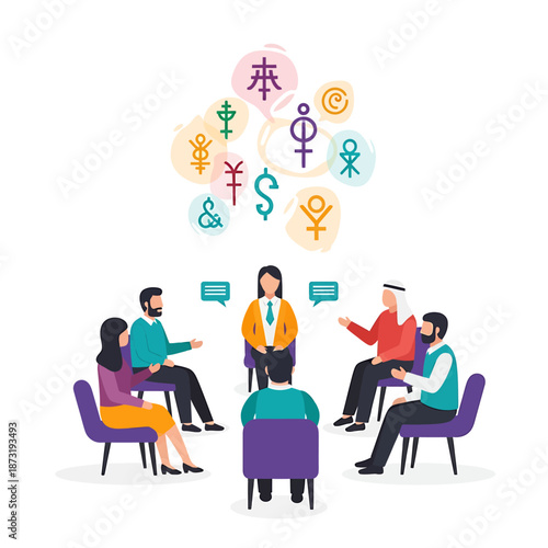 Discussion Group Meeting with Diverse Participants Engaged in Brainstorming Session via Digital Interface