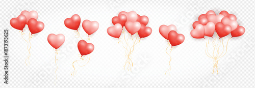 Realistic heart shaped red air balloons set isolated on transparent background. Bunch of pastel helium balloons. Set of One, two, three, six and nine 3D heart shaped air balloons