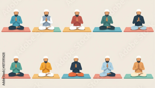Illustration of six assorted praying (sholat) activity icons arranged in two rows, flat color style with soft shading, simple plain background. 