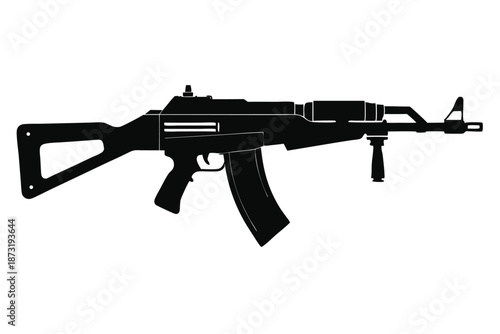 Automatic Machine Gun Vector Illustration, Black Silhouette of a Powerful Military Weapon Profile