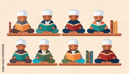 Illustration of a flat colored icon of a person reading a holy book