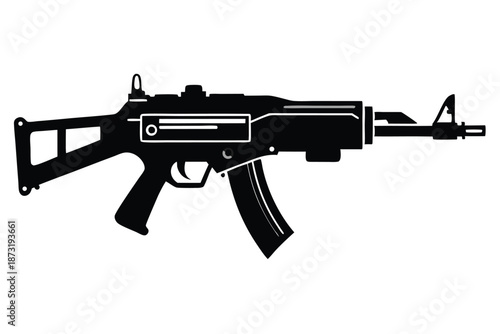 Modern Tactical Rifle Silhouette, Black and White Firearm Graphic for Gaming and Defense Projects