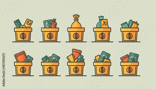 Illustration of six assorted charity (sedekah and zakat) activity icons arranged in two rows, flat color style with soft shading, simple plain background. 