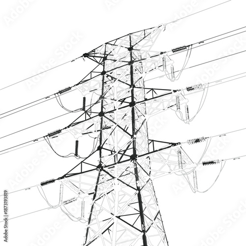 Detailed high voltage electricity transmission tower vector illustration with intricate insulator strings and power lines isolated on white background.
