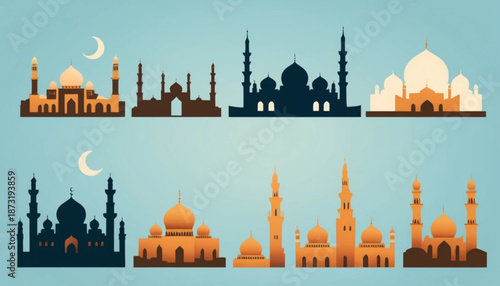 Illustration of six assorted Islamic city silhouette icons arranged in two rows, flat color style with soft shading, simple plain background