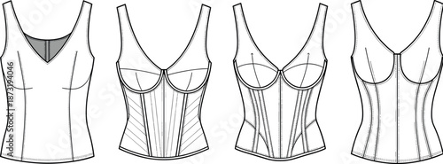 Women's Corset and Tank Top Fashion Flat Sketches Vector Illustration Set with Front and Back Technical Views