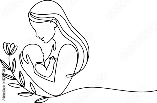 A loving mother lovingly holds her small baby with a blooming flower stem trailing gracefully nearby