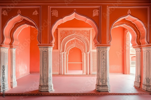 Long corridor with multiple ornate arches and pillars in traditional indian architecture