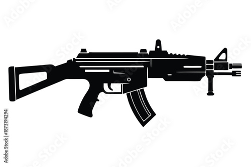 Industrial Machine Gun Silhouette, Black and White Tactical Firearm Vector for Combat Illustration