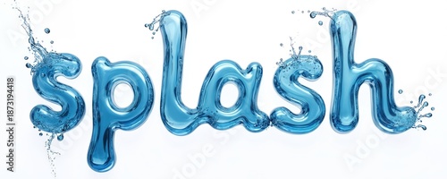Illustration of the word splash made from water. The blue letters are designed with liquid droplets against a white background. Water art design.