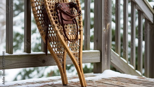 Traditional wooden snowshoes on porch, showcasing winter outdoor equipment for cold weather activities. Rustic snowshoes on porch imply seasonal recreation and adventure for outdoor sports lifestyle.
