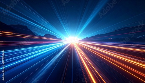 High-speed multicolor data stream racing through a glowing digital terrain toward a radiant vanishing point.