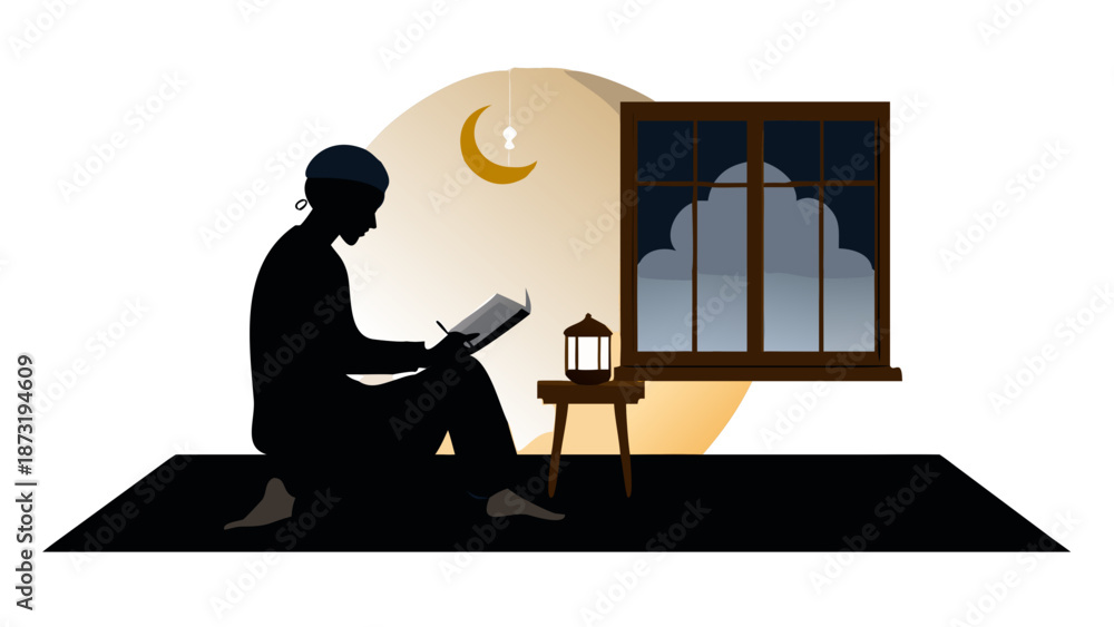 Fototapeta premium A silhouette of a person sitting cross-legged, reading a book (Quran) on a wooden stand. A single lantern provides a warm glow in a dark, peaceful room with a window showing the crescent moon.