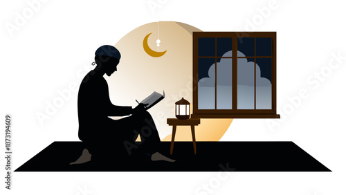 A silhouette of a person sitting cross-legged, reading a book (Quran) on a wooden stand. A single lantern provides a warm glow in a dark, peaceful room with a window showing the crescent moon.