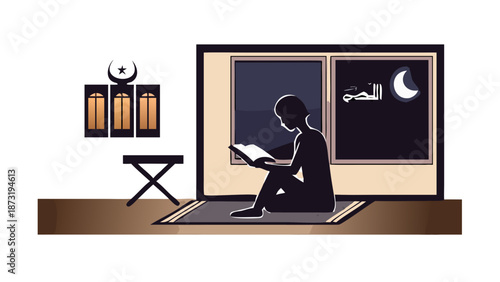 A silhouette of a person sitting cross-legged, reading a book (Quran) on a wooden stand. A single lantern provides a warm glow in a dark, peaceful room with a window showing the crescent moon.