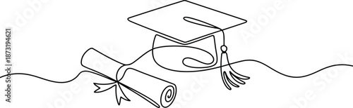 A minimalist continuous line drawing elegantly portrays a graduation cap and a rolled diploma scroll