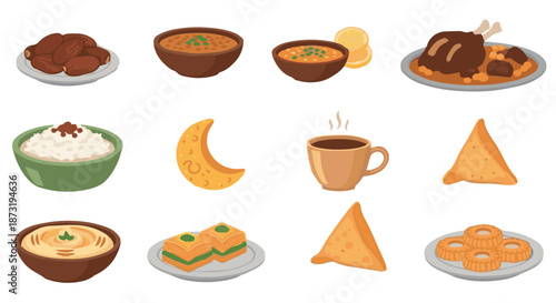 A Vibrant Collection of Traditional Middle Eastern and Islamic Holiday Food Items, Including Dates, Savory Dishes, Sweets, and Symbols