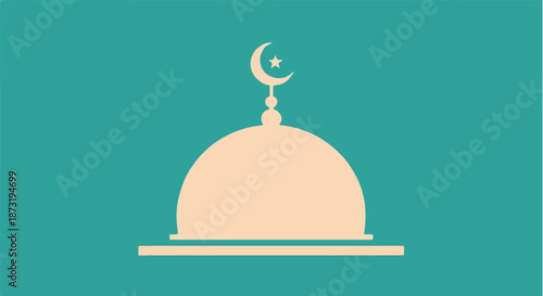 Minimalist Mosque Dome Illustration with Crescent Moon and Star on a Teal Background, Symbolizing Islamic Architecture and Faith