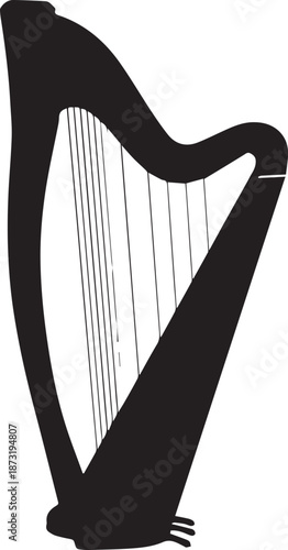 Black silhouette of a harp musical instrument on a white background