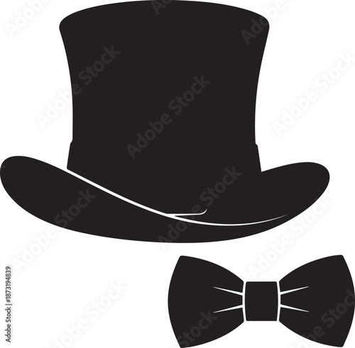 Black silhouette of a top hat and bow tie