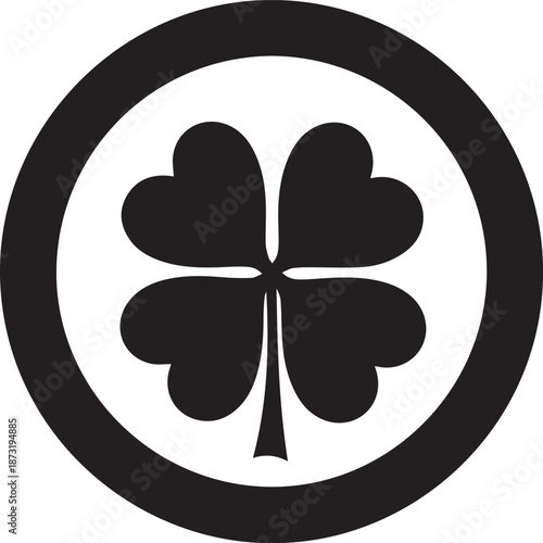 Black and white graphic of a four leaf clover inside a circle
