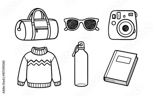 Doodle style travel essentials including a duffel bag, sunglasses, camera, sweater, water bottle, and book