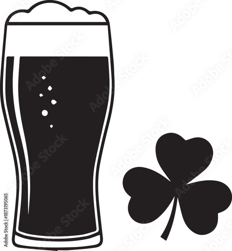 Black and white illustration of a pint of beer and a shamrock
