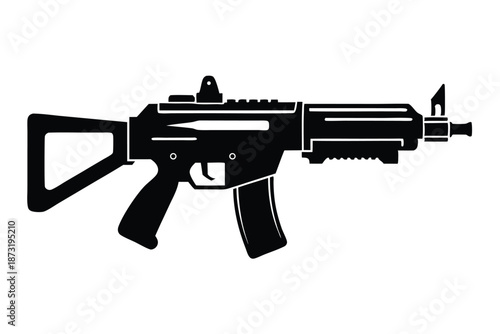Powerful Machine Gun Vector Silhouette, Black and White Isolated Tactical Weapon Illustration