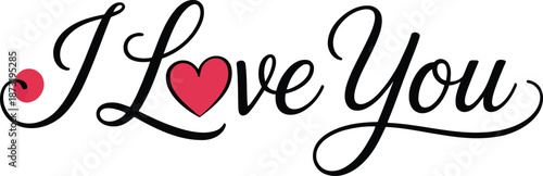 Beautiful calligraphic script spells I Love You with a red heart and a dot on a white surface