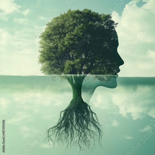 Double exposure man profile with tree growing in head and roots