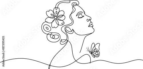 Beautiful one line drawing depicts a womans serene profile with a blossom in her hair and a butterfly