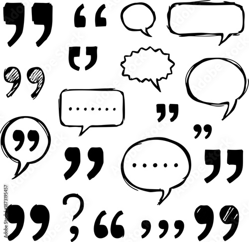 Hand-drawn punctuation and speech bubble vector set featuring quotation marks, commas, ellipses, and dialogue shapes, ideal for comics, educational design, and expressive graphic projects.