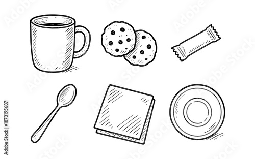 Hand drawn sketch of coffee, cookies, spoon, napkin, and saucer
