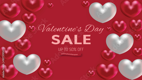 Valentine's day sale with up to 50% off on a vibrant red background