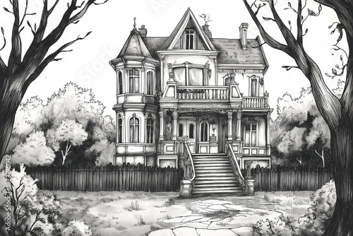 Victorian mansion, a gothic house illustration on a gloomy day