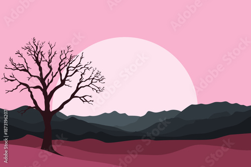 Minimalist pink vector illustration of barren tree silhouette with large sun over dark mountains and magenta purple plain landscape