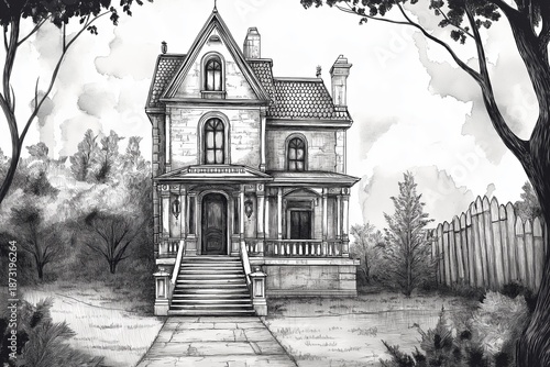 Victorian mansion, a gothic house illustration on a gloomy day
