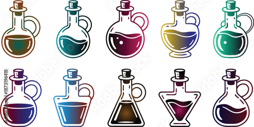 Collection of colorful potion bottles with various liquids isolated on transparent background for magical or fantasy themes