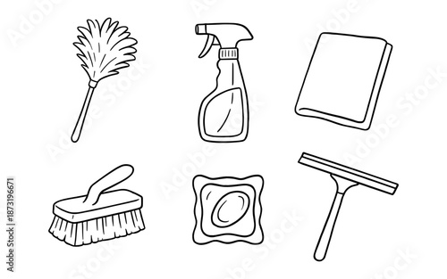 Collection of hand-drawn cleaning supplies including a duster, spray bottle, sponge, brush, and squeegee