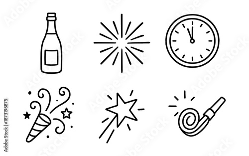 New Year's Eve celebration icons including champagne, clock, and party popper
