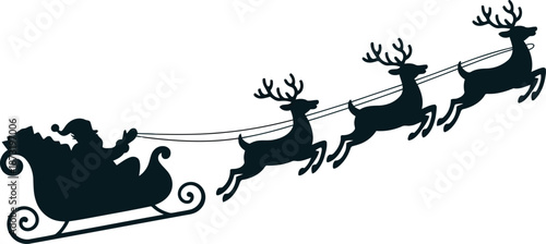 Dark silhouette of Santa Claus in his sleigh pulled by four majestic reindeer on a clean white background