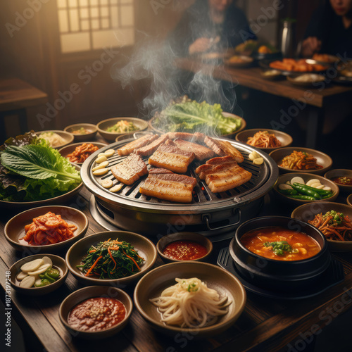 A vibrant and rich traditional Korean barbecue with thick, juicy slices of grilled samgyeopsal (pork belly). Colorful banchan varieties like kimchi, radish pickles, spicy spinach, and fresh lettuce wr