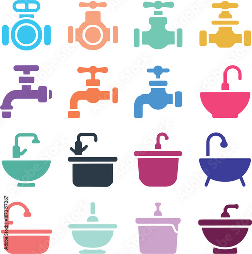 Colorful collection of faucets and sinks icons isolated on transparent background for design and web use