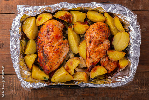 Braised chicken breast with artoshino and vegetables