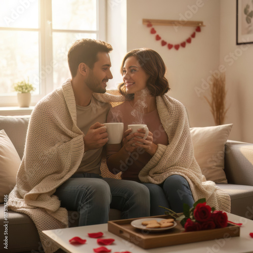 “Cozy Valentine’s Day lifestyle scene of a couple at home holding coffee mugs, warm window light, soft blankets, relaxed romantic mood, modern stock photography.”