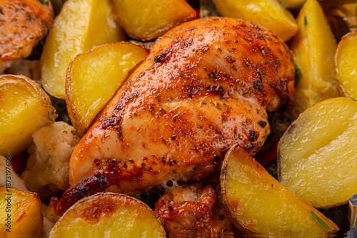 Chicken breast baked with potatoes and spices in foil,