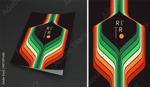 Softcover book layout. The curve of the colored lines creates a frame in the center. Space for text. Retro 1970s or 1980s style. Dynamic ribbons. Cover design template. Vector illustration.