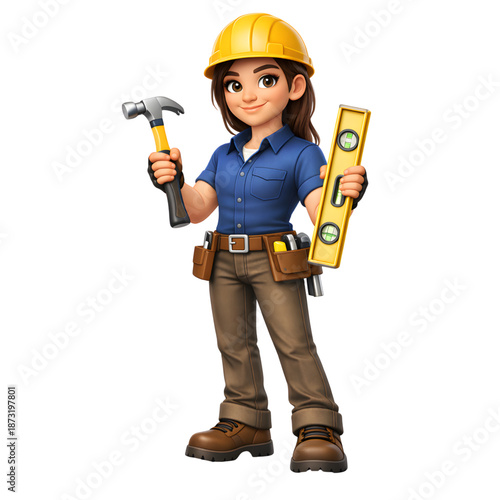Female Builder Holding Hammer and Level Tool - AI Generated