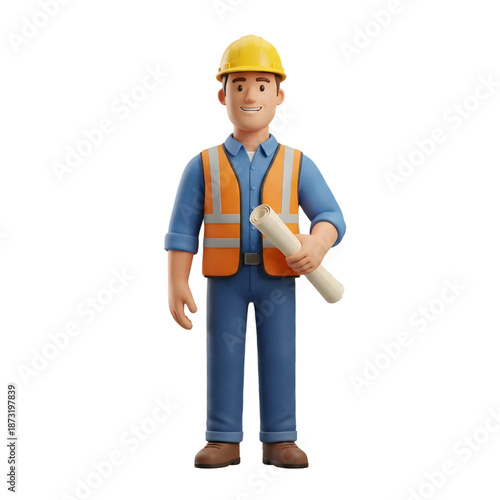 Construction Worker Standing with Rolled Plans - AI Generated