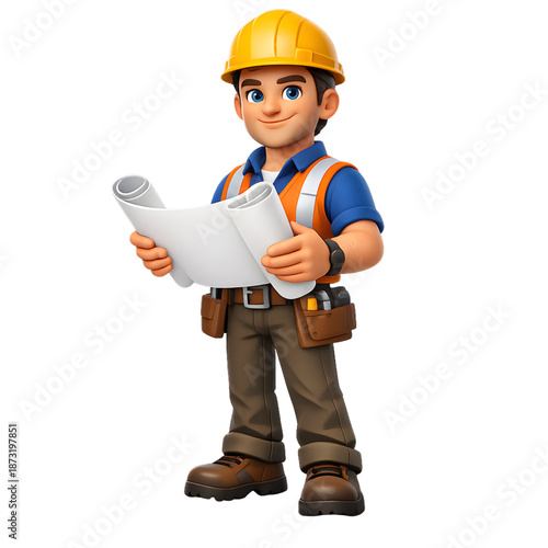 Male Construction Worker Holding Rolled Blueprints - AI Generated